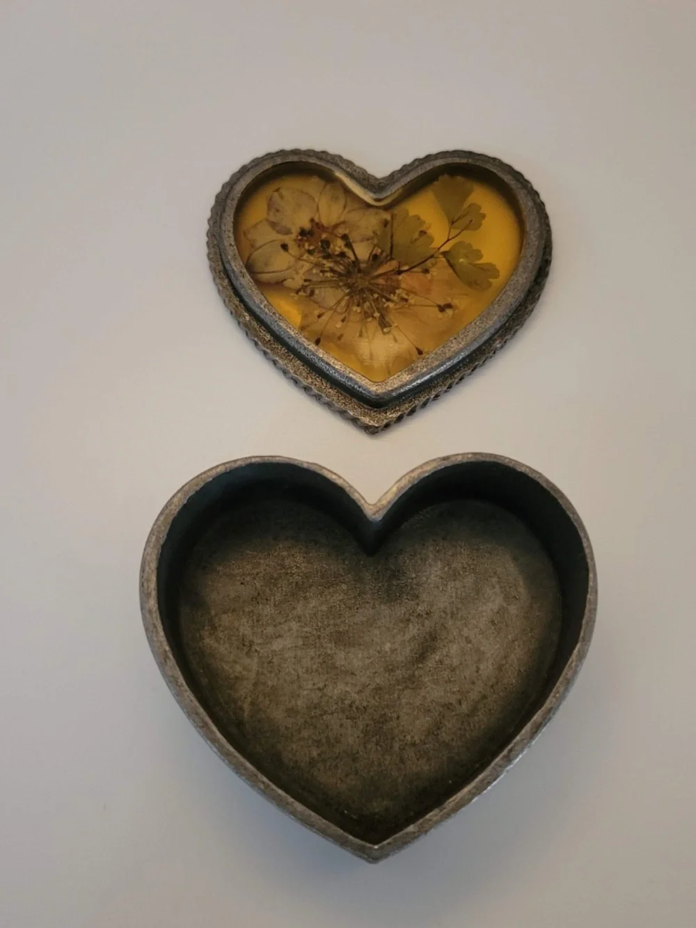 Pewter Heart Shape Trinket Box with Pressed Flower in a Resin Lid
